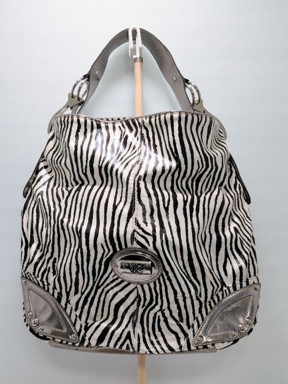 Vtg Kathy Van Zeeland Zebra Hobo Bag Y2K Silver Metallic Studded Shoulder Large